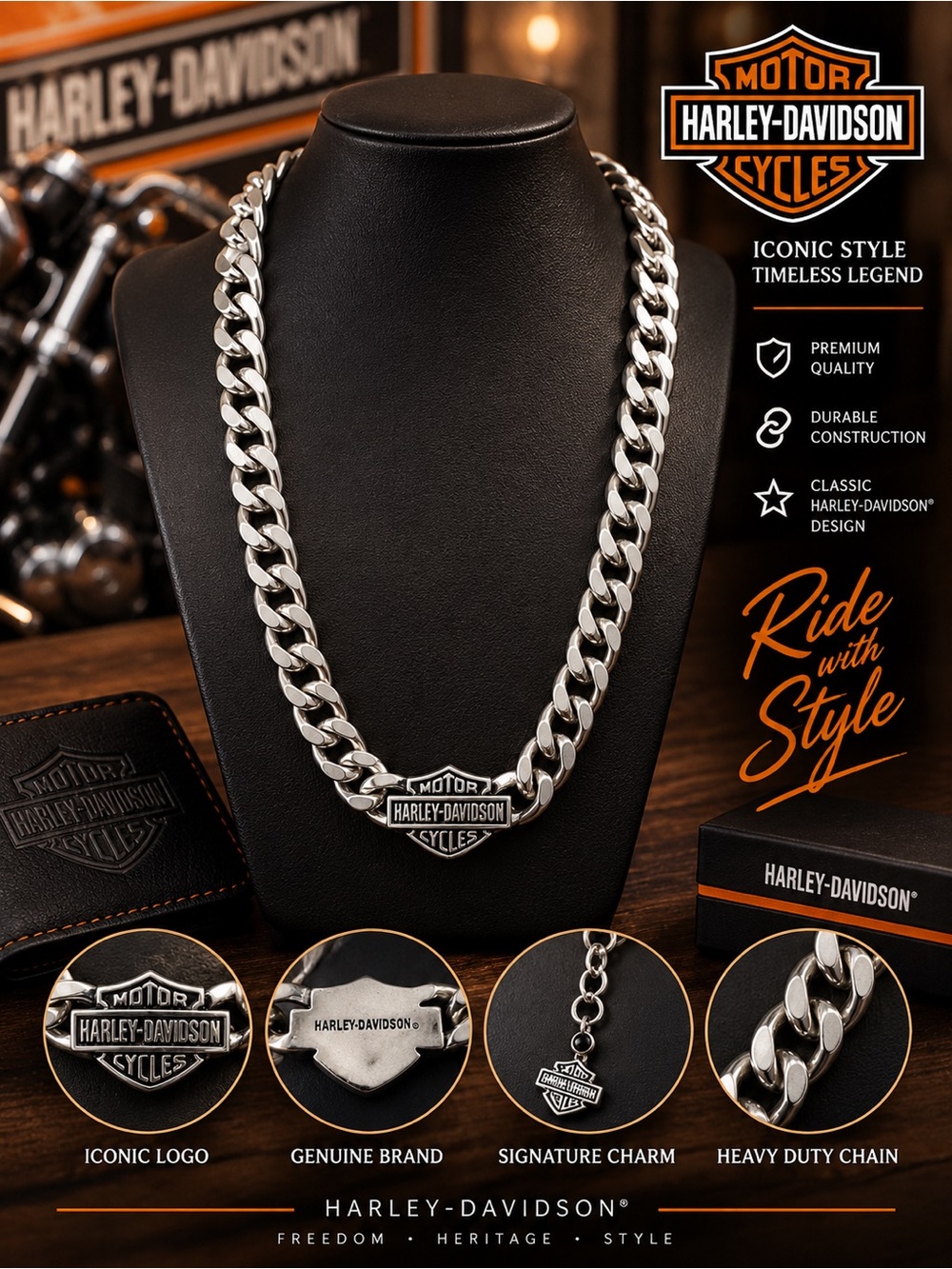 Harley-Davidson Silver-Tone Curb Chain Necklace with Shield Charm